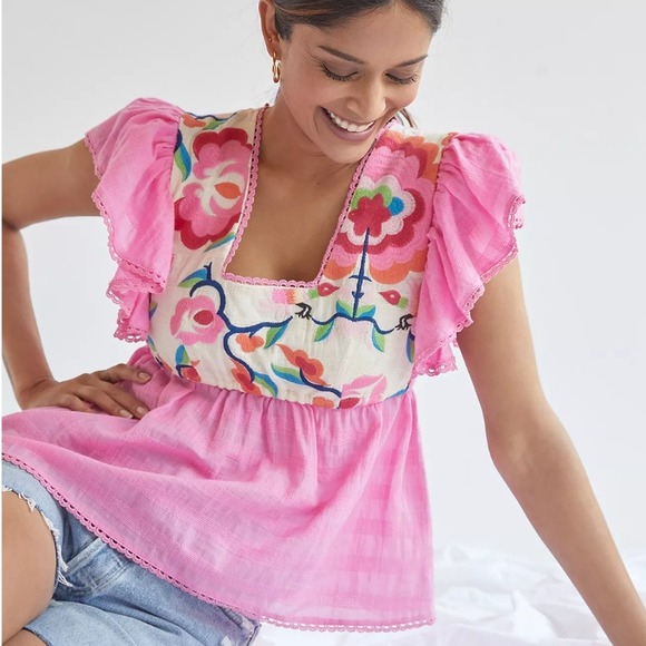 Plenty by Tracy Reese Tops - Plenty by Tracy Reese Embroidered Babydoll Blouse Pink Flutter Sleeve Top Medium